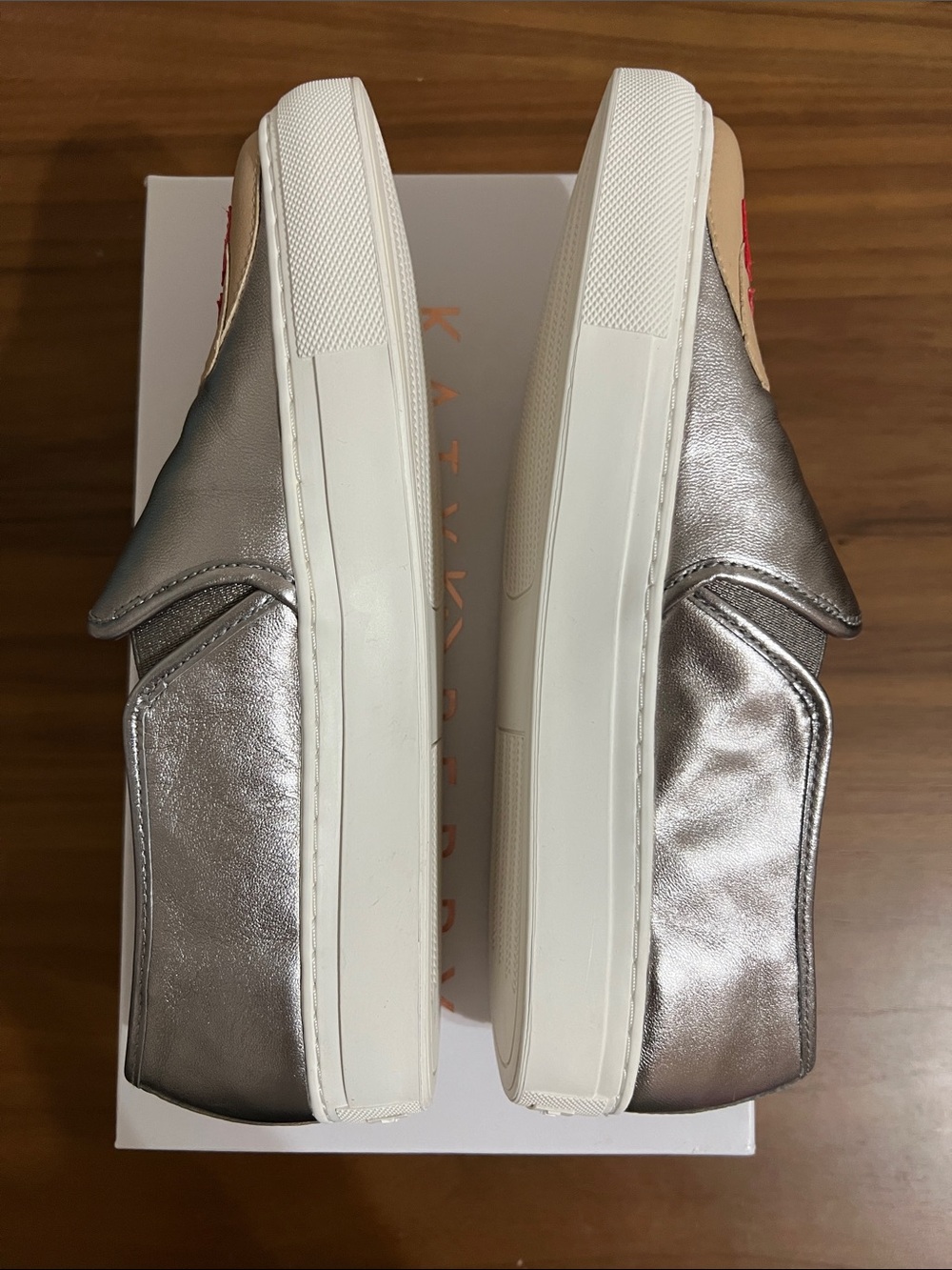 Katy Perry Collections Metallic Silver Slip-On Sneakers with Beige & Red Details - Picture 5 of 11